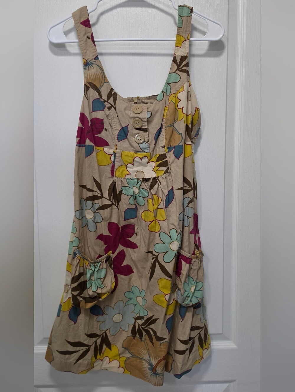Charlotte Russe Beige Floral Mini Dress with Teal, Yellow & Magenta